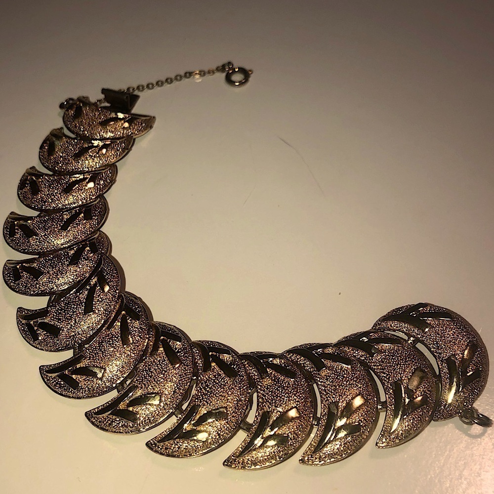 VTG Coro Gold Tone Crescent Moon Bracelet w Safety Chain 7” / 1” Width
